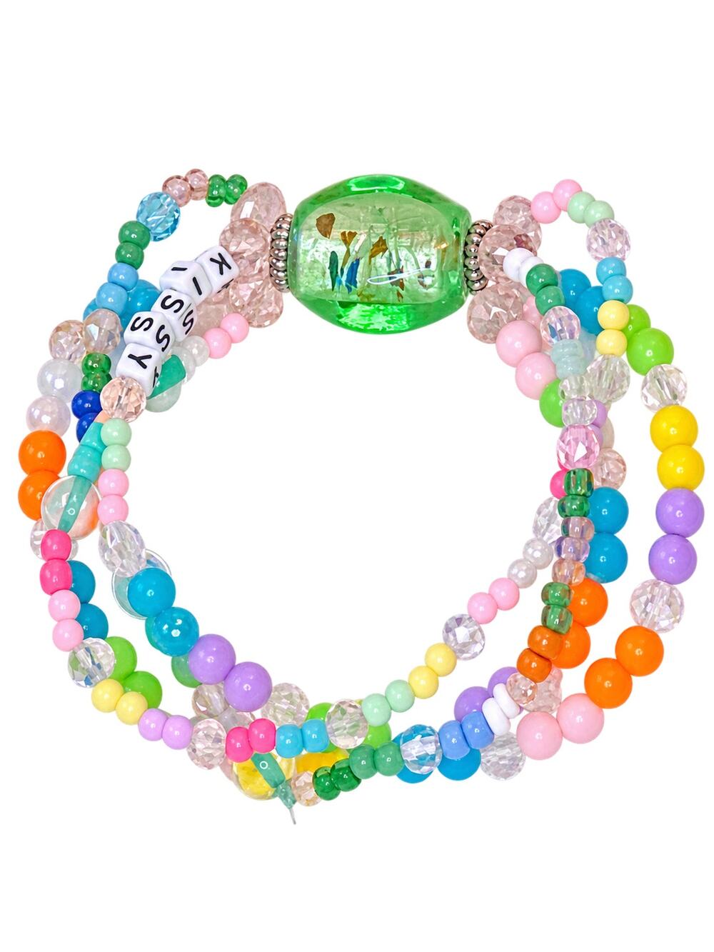 Handmade Multicolor Multi-Strand Stretch Bracelet Green Focal Bead